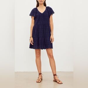 NWOT Velvet by Graham & Spencer Wynette Embroidered Cotton Dress Navy Eyelet L
